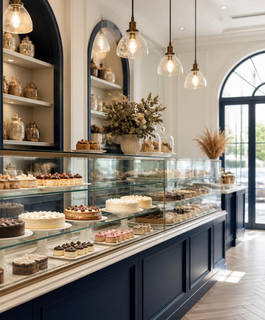 Interior elegante da confeitaria Doce Amor Gourmet